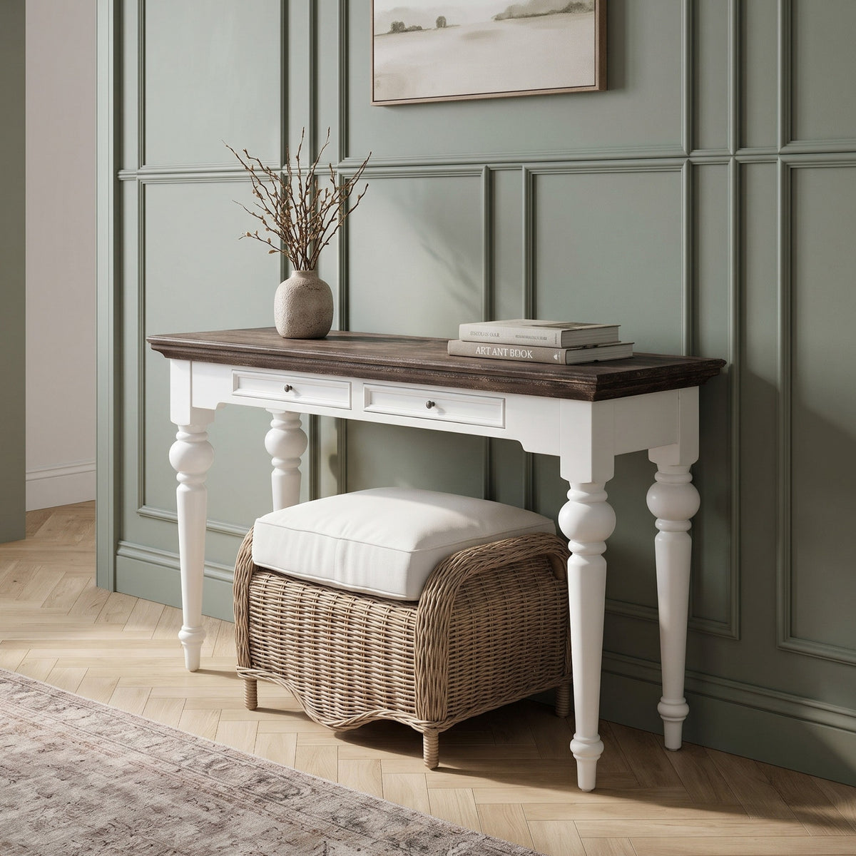 NovaSolo Corfu Console Table with 2 Drawers, Classic White & Dark Brown, styled in a room