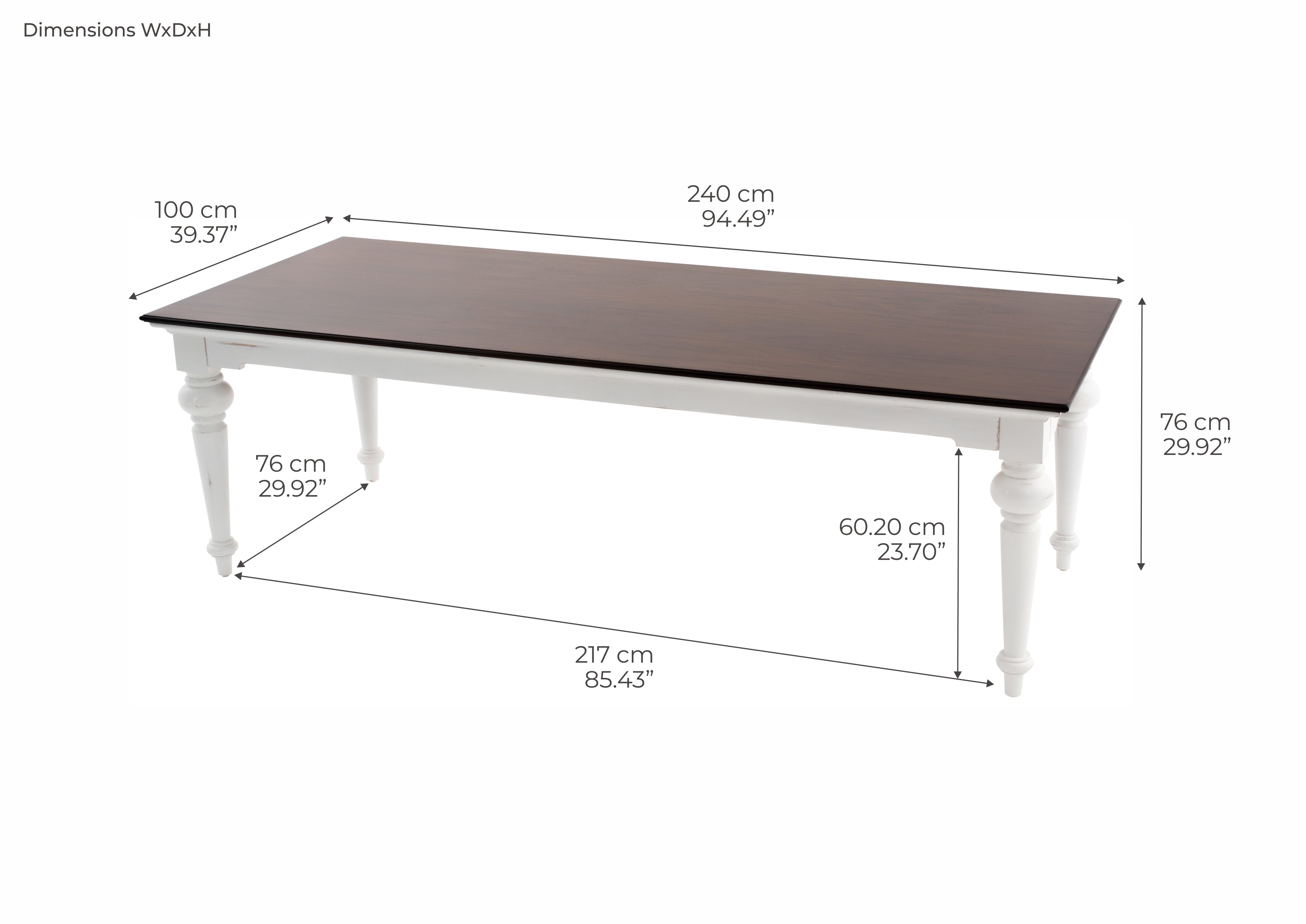 Provence Dining Table 95" - White With Dark Brown Top