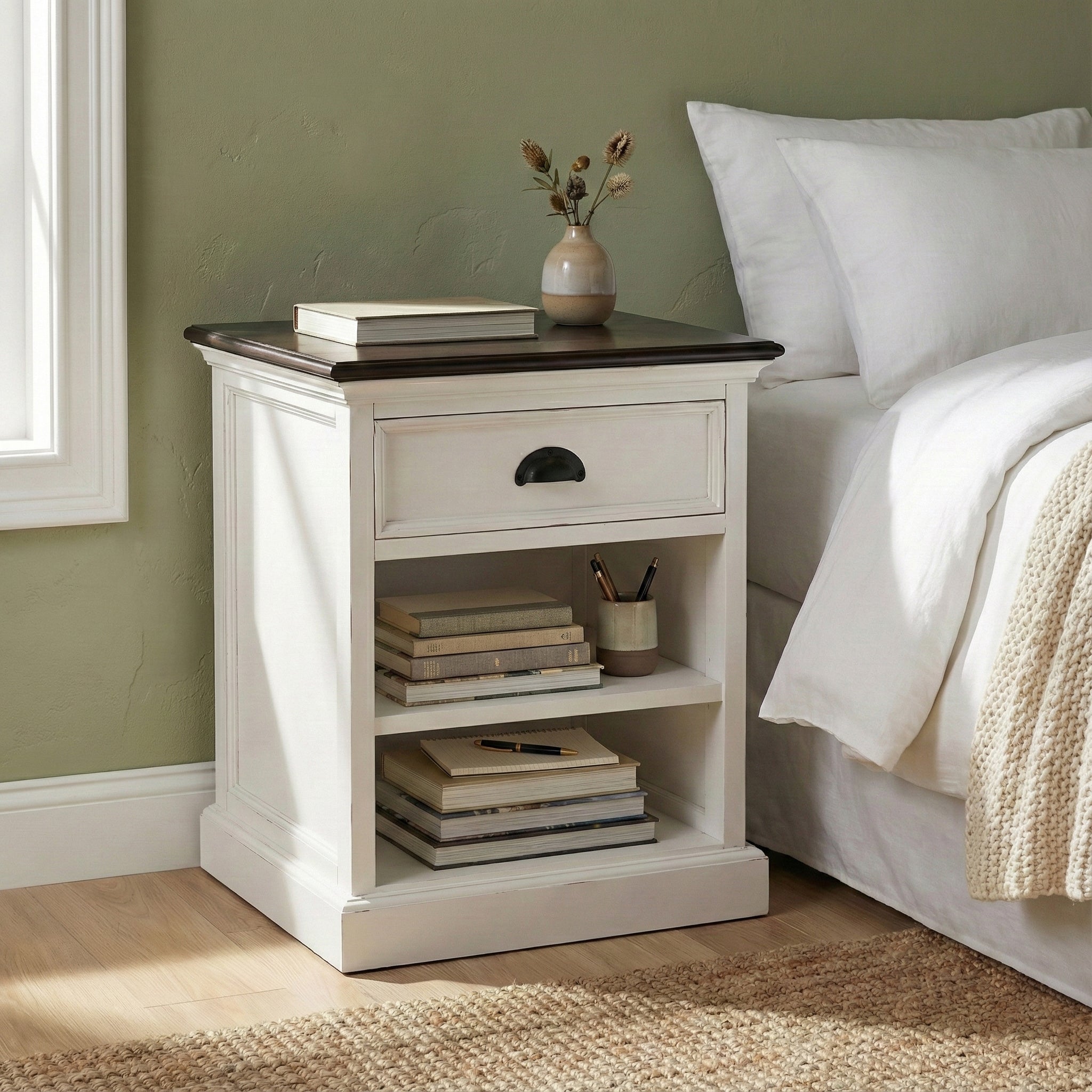 NovaSolo Bedside Table with Shelves | White | Mahogany Wood