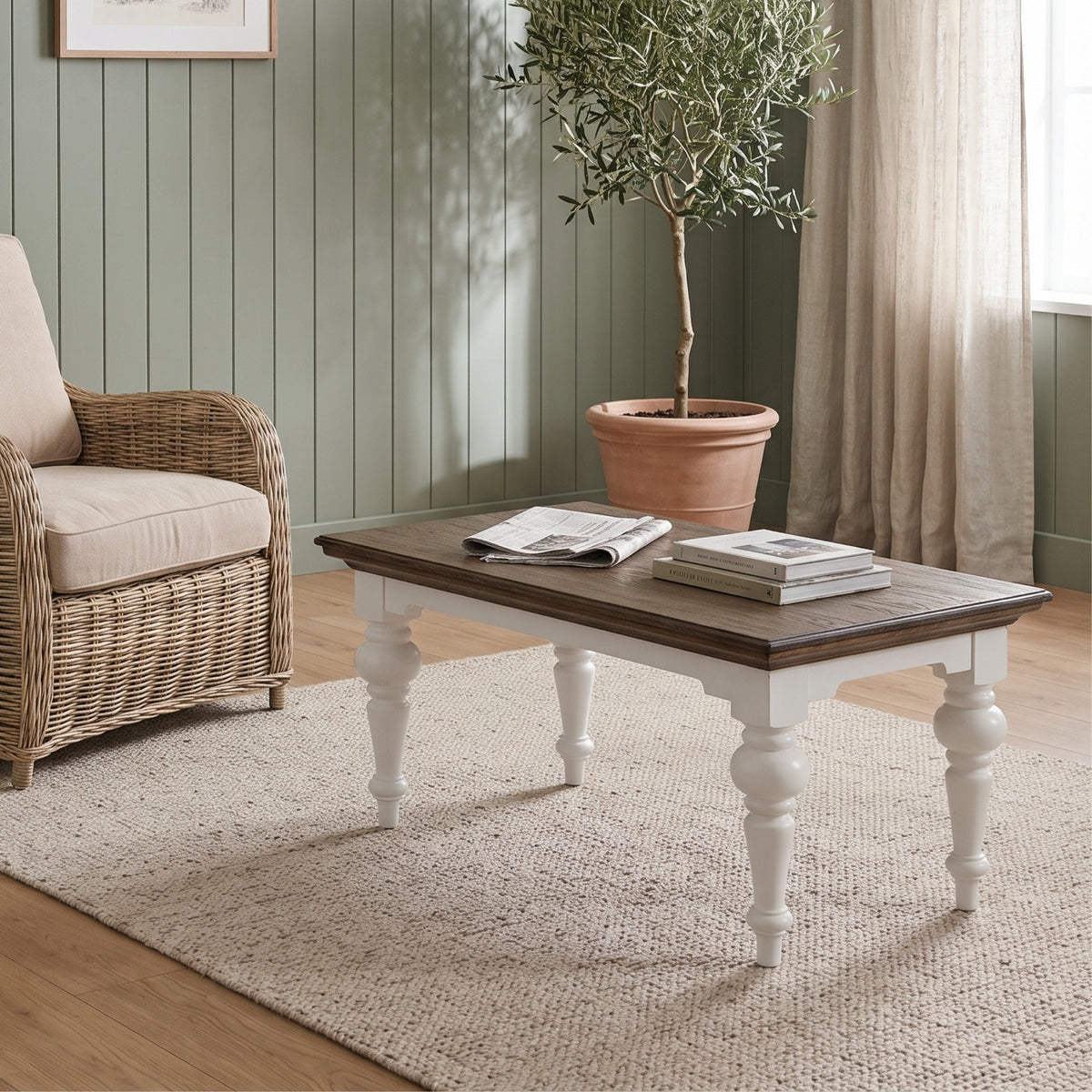 NovaSolo Corfu Provincial Rectangular Coffee Table, Classic White & Dark Brown, styled in a room