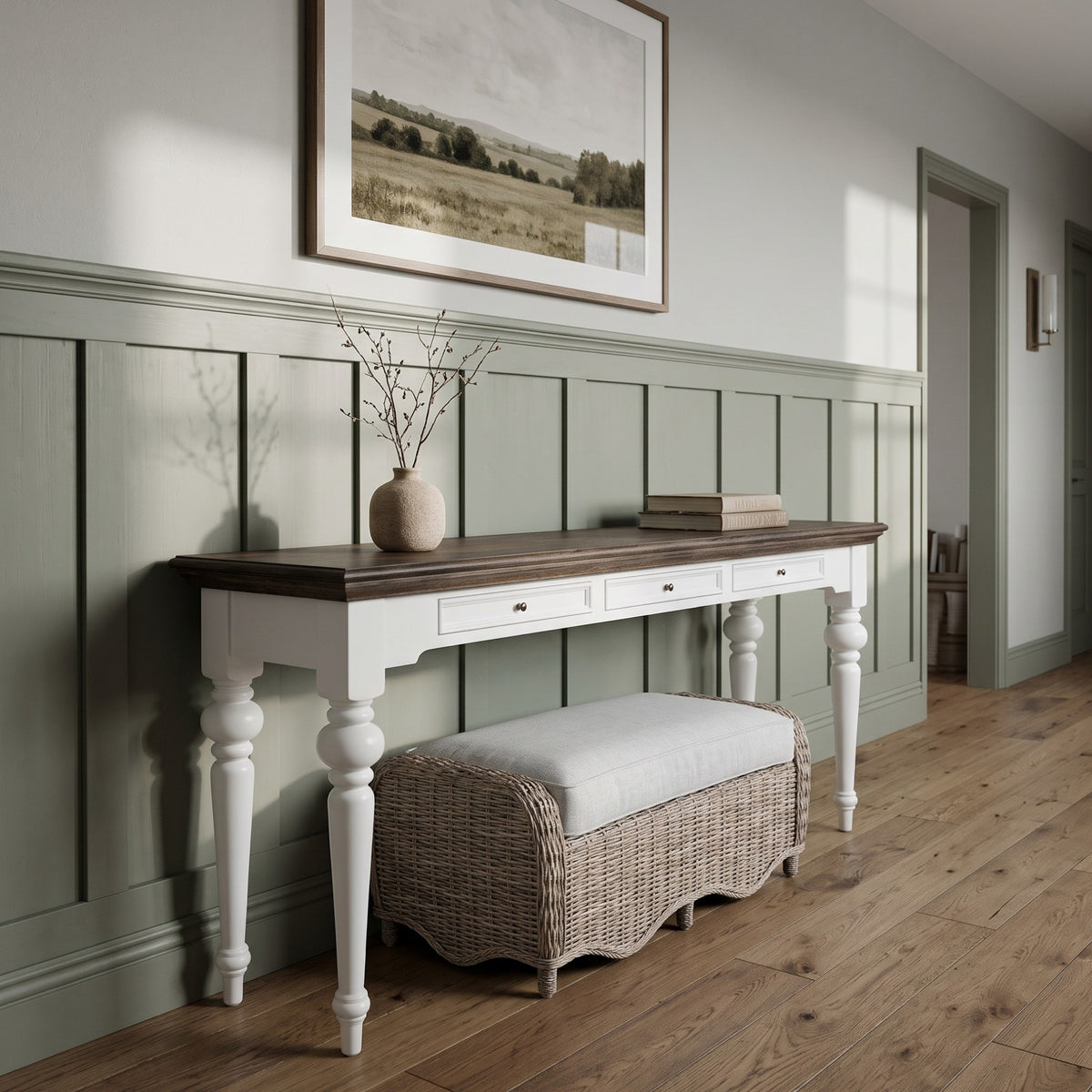 NovaSolo Corfu Console Table with 3 Drawers, Classic White & Dark Brown, styled in a room