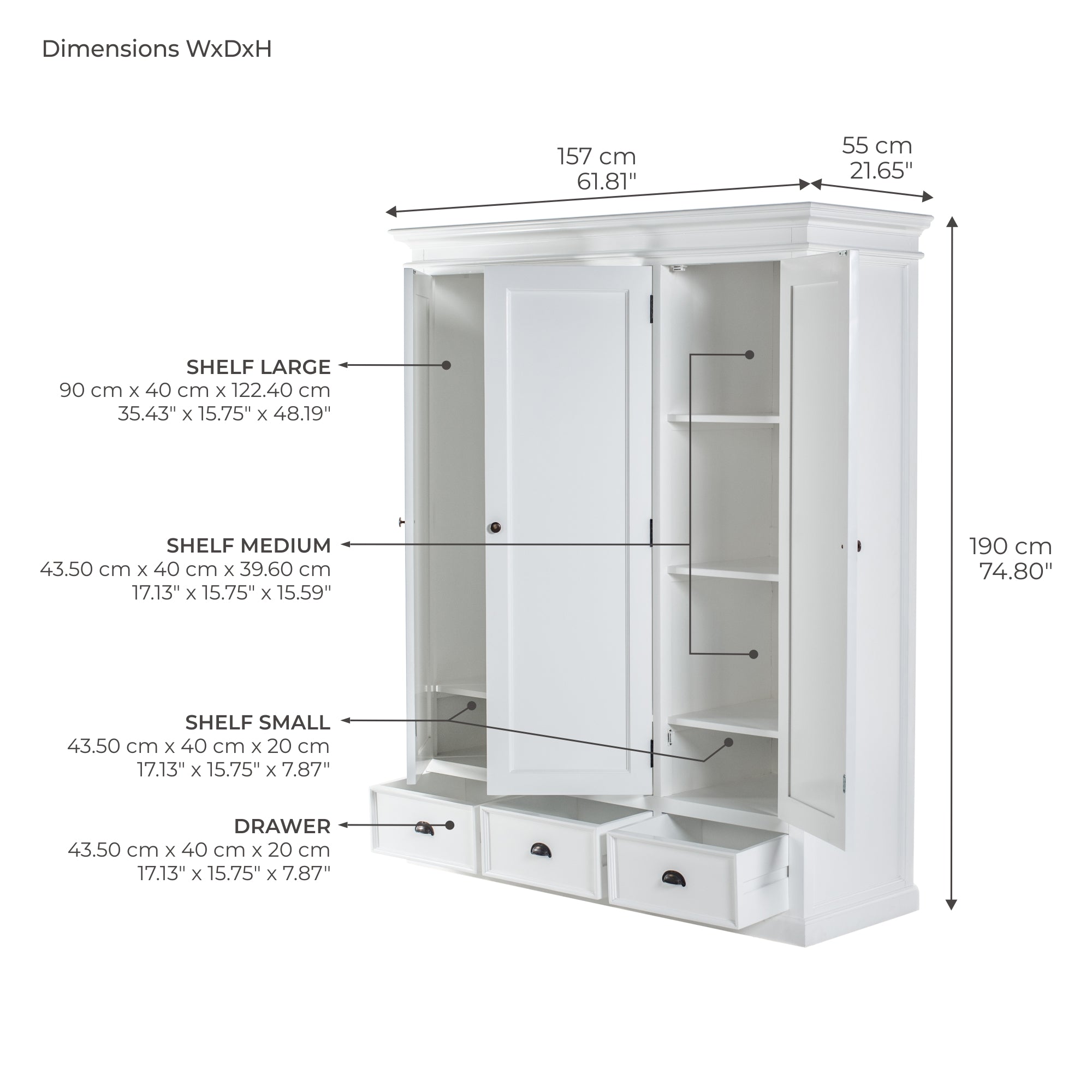Wardrobe with 3 Doors | White Mahogany Wardrobe | French Country